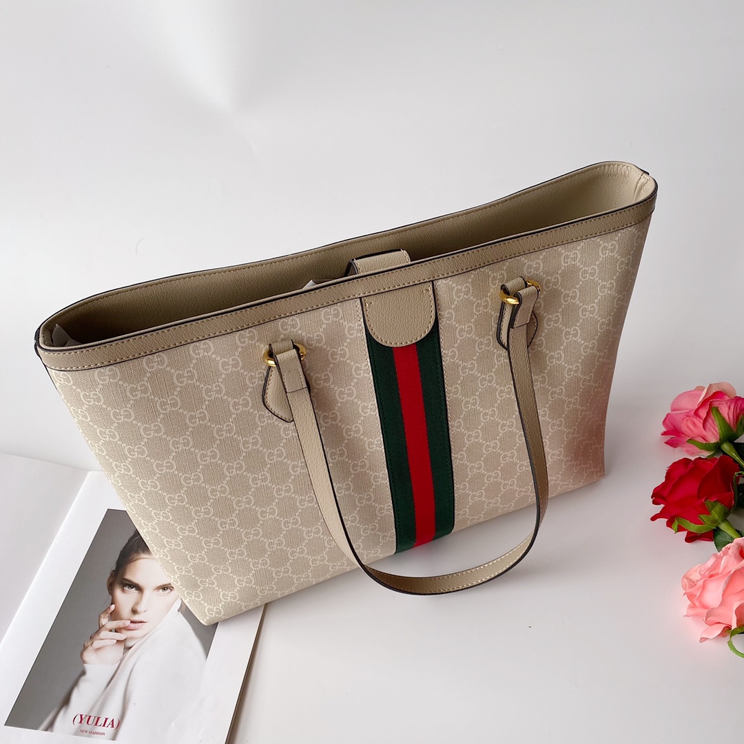 Gucci Ophidia Medium Tote Bag Beige And White 38Cm 631685 Uulag 9682