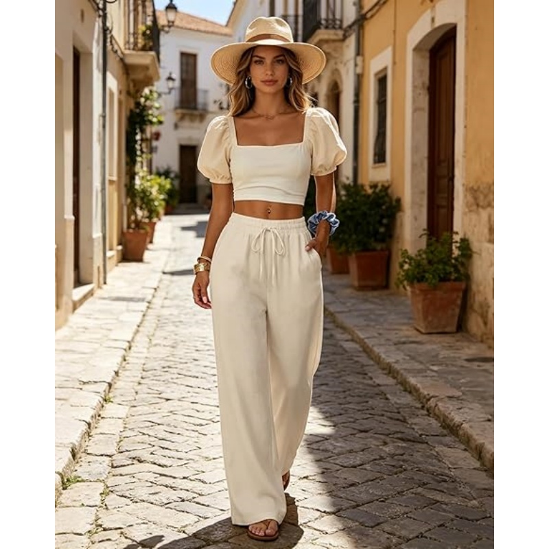 Womens Casual Linen Wide Leg Pants
