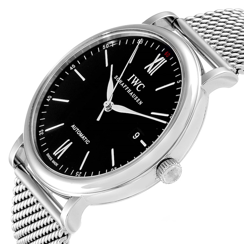 IWC Portofino Black Dial Mesh Bracelet Steel Mens Watch IW356506