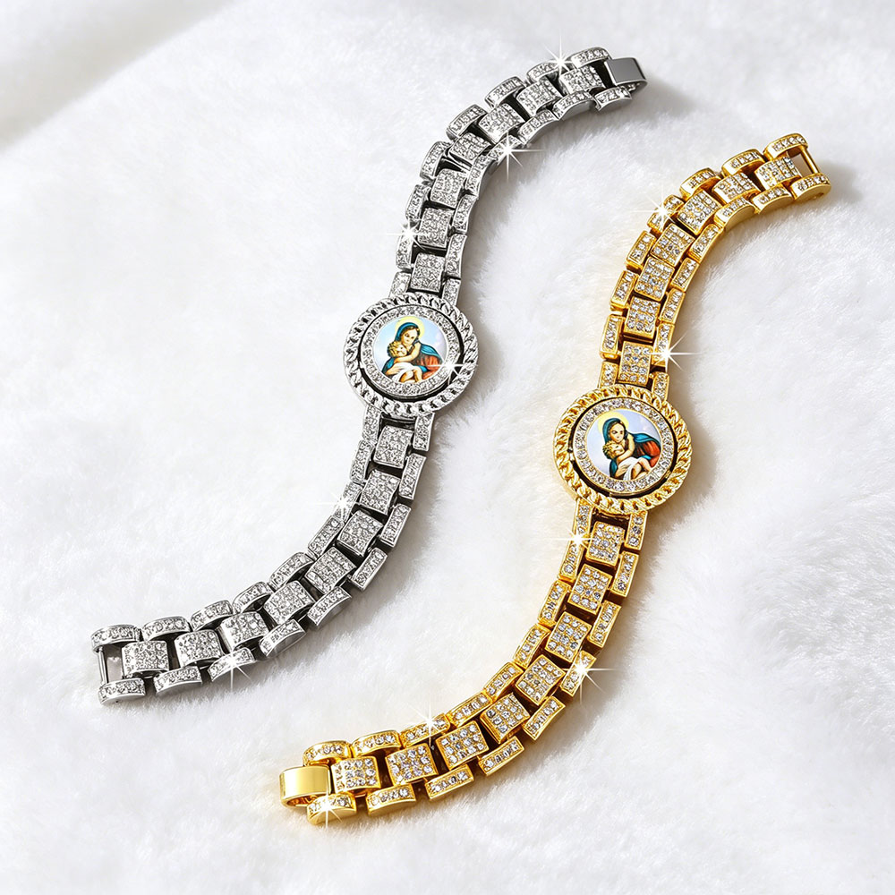 GemVibra Virgin Mary Rhinestone Link Zinc Alloy Bracelet