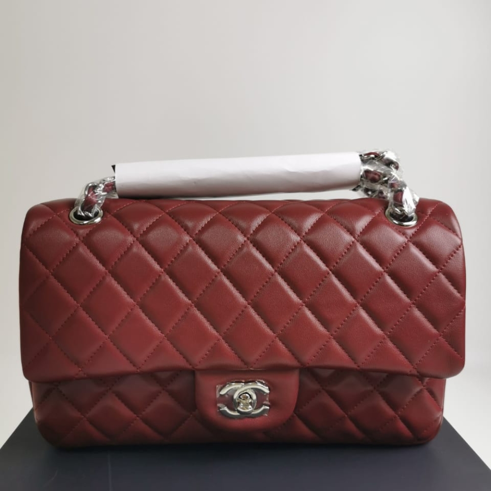 Chanel Medium Classic Flap Bag Silver Hardware Burgundy 25Cm A01113
