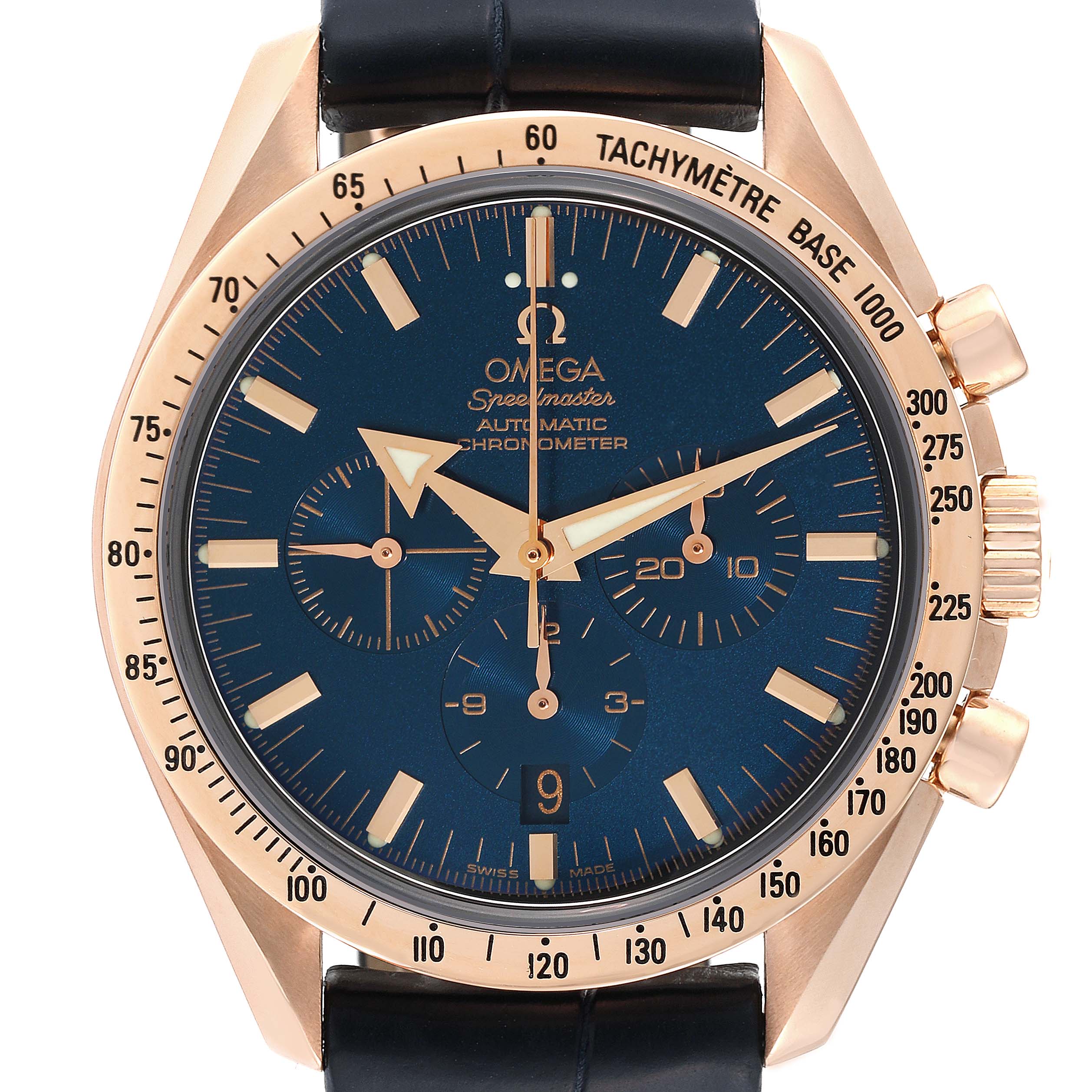 Omega Speedmaster Broad Arrow Blue Dial Rose Gold Mens Watch 42.0 MM 3653.80.33