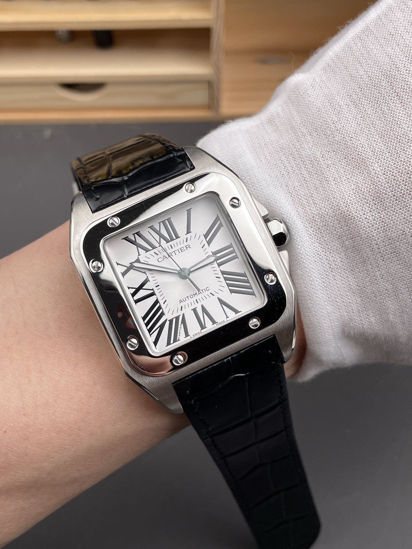 Santos White Sunburst Dial with Roman Numerals