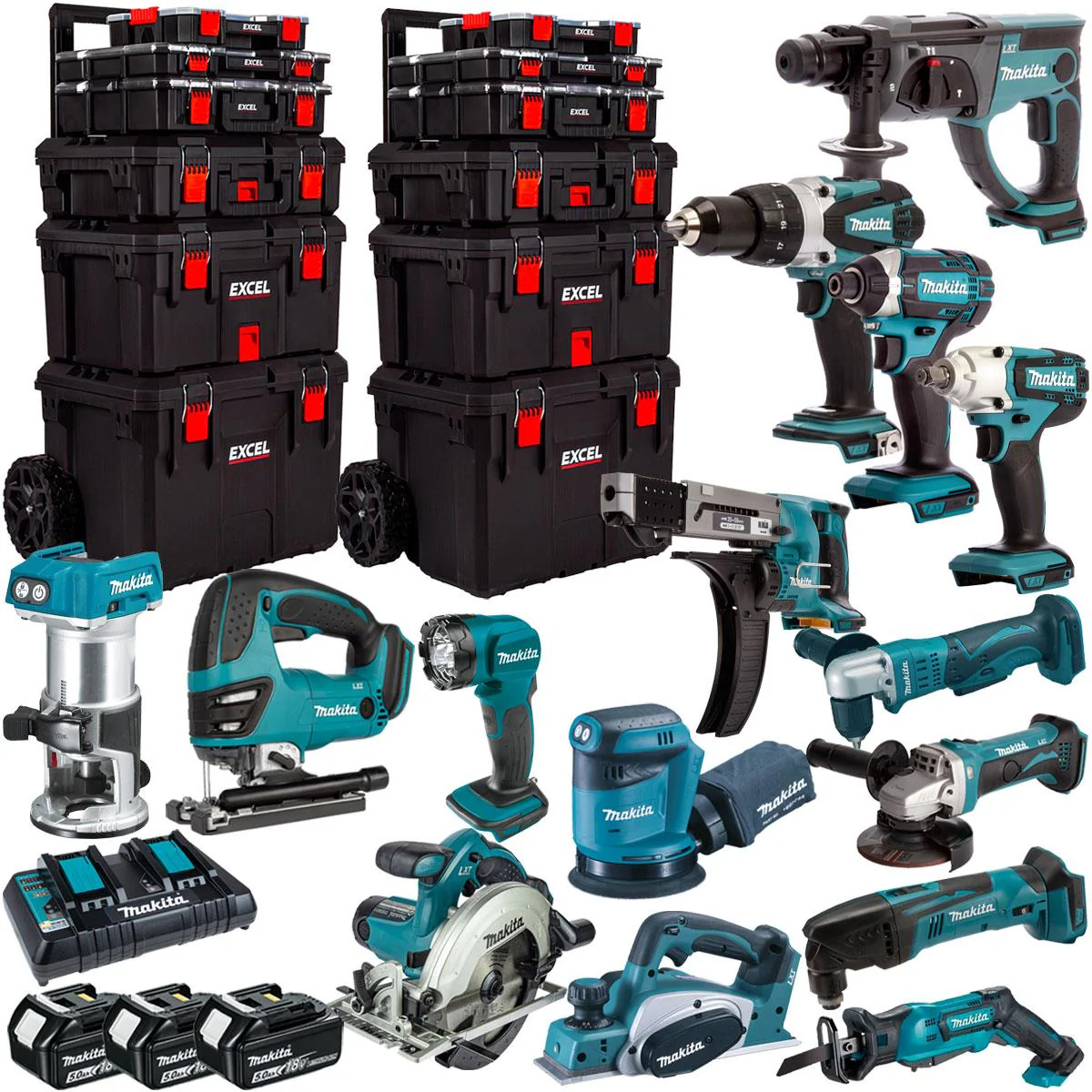 Makita 18V 15 Piece Power Tool Kit With 3 x 5.0Ah Batteries & Trolley Toolbox