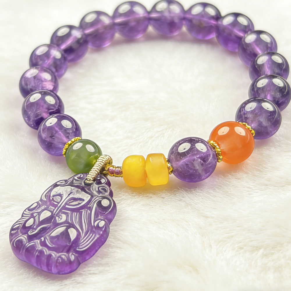 10mm Amethyst Fox Charm Bracelet | Protection, Love & Spiritual Clarity