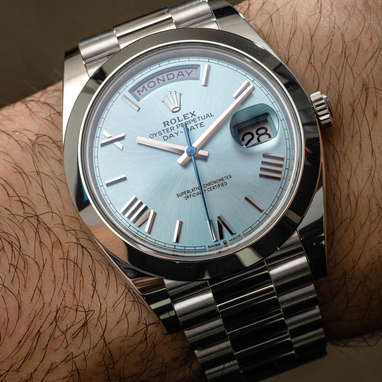 Rolex Oyster Perpetual Day-Date President 40mm in Platinum with Ice-Blue Dial Men's Watch 228236-0012 Brand New