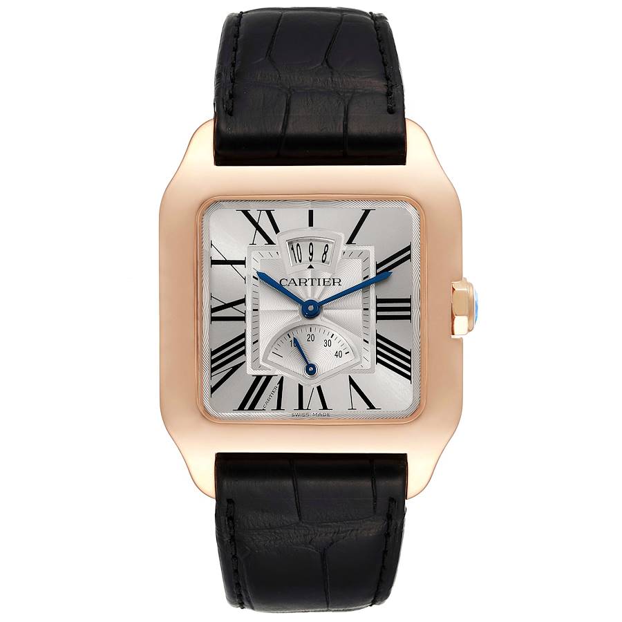 Cartier Santos Dumont Rose Gold Silver Dial Black Strap Mens Watch W2020067