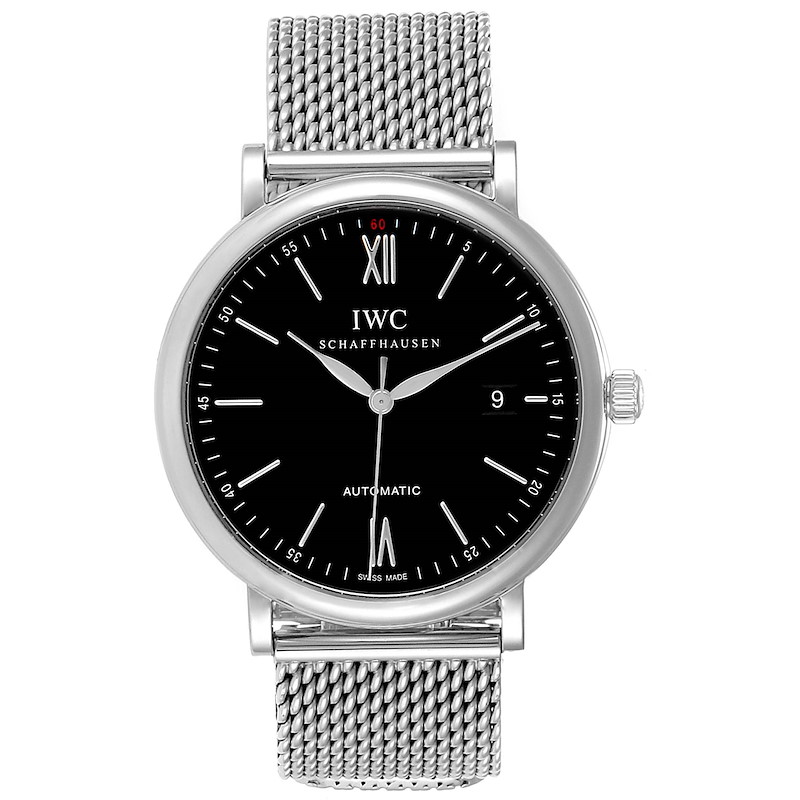 IWC Portofino Black Dial Mesh Bracelet Steel Mens Watch IW356506