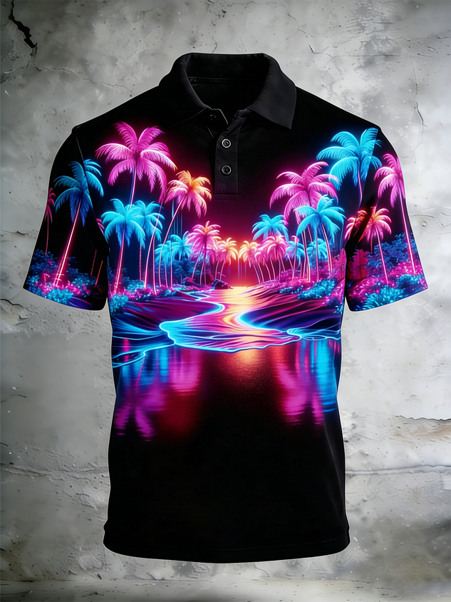Moisture Wicking 3D Neon Colors Tropical Plants Coconut Trees Beach Short Sleeve Golf Polo