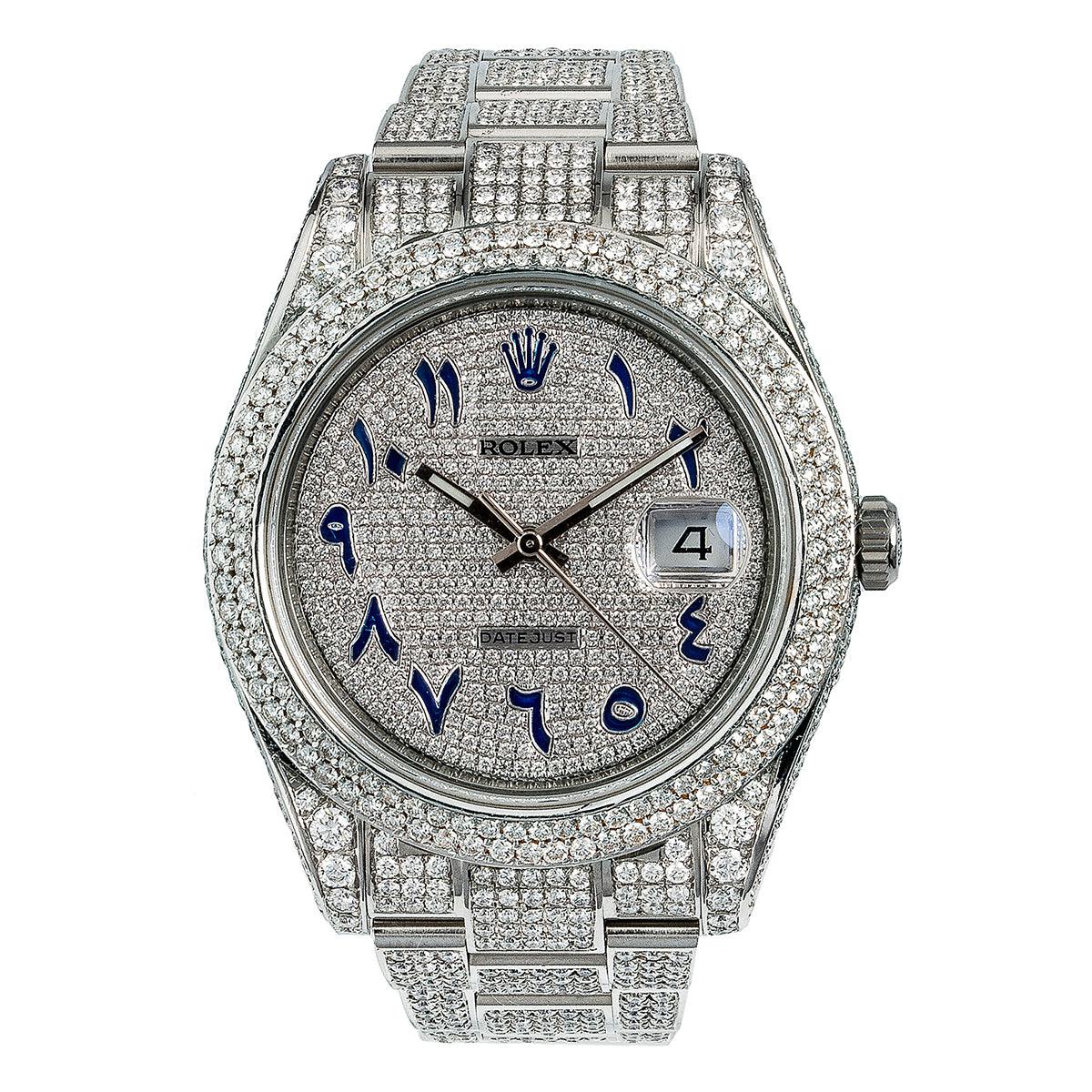Rollie-The Crown Datejust II Diamond Watch, 116300 41mm, Diamond Dial With Blue Arabic Numerals 13CT Diamonds