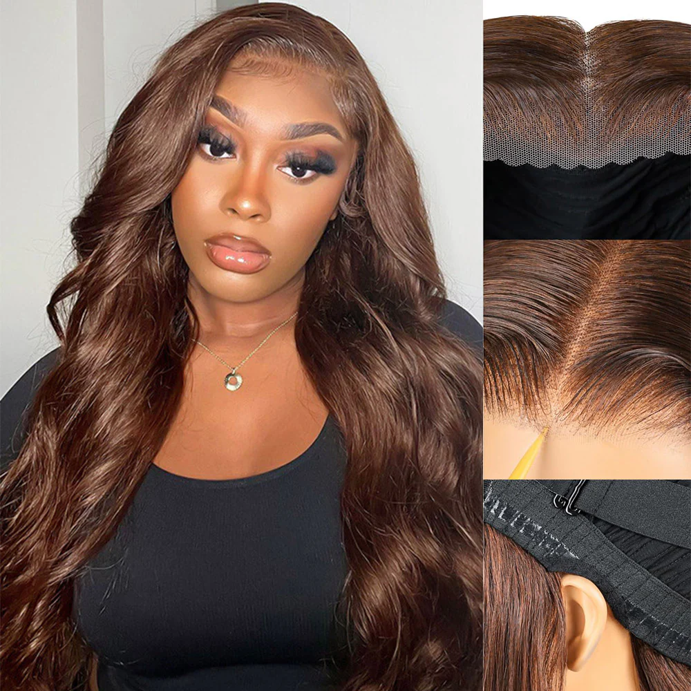 Megalook 6x5 Invisible Knots Glueless Chocolate Brown Body Wave Wigs Pre-cut Lace Beginner Friendly