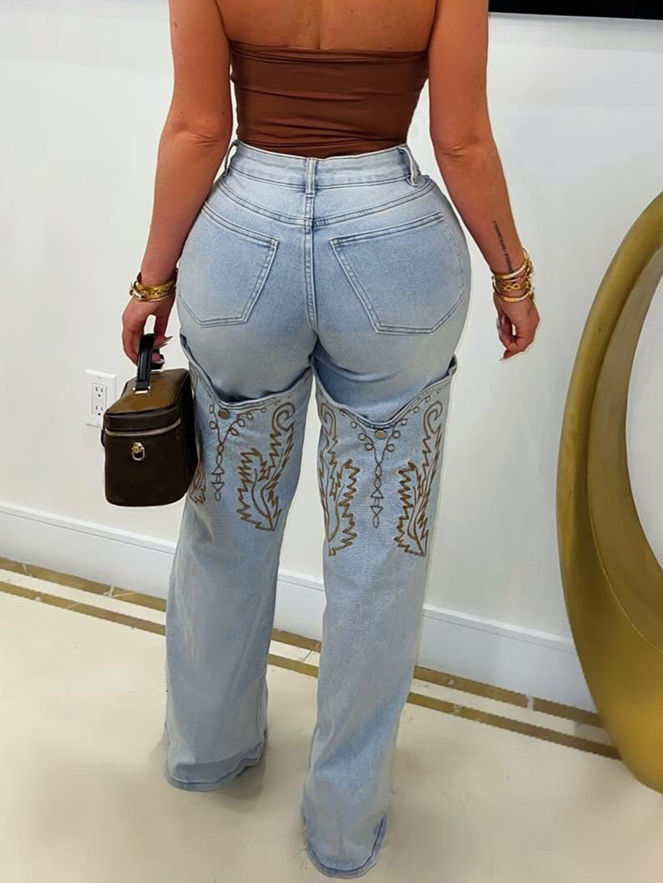 Women's Fashion Embroidered Blue High-Waisted Wide-Leg Denim Pants