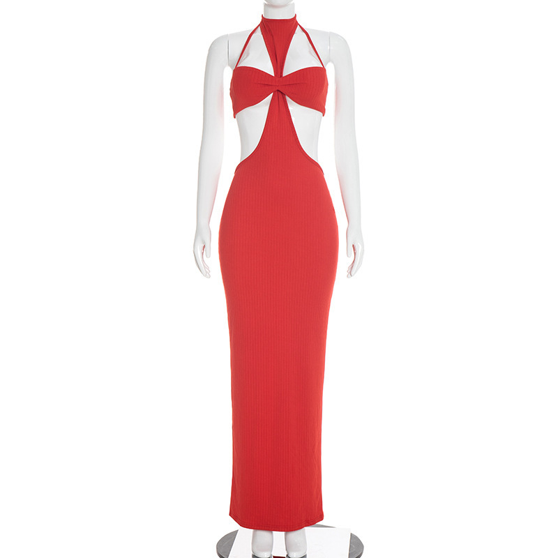 Women Sleeveless Sexy Ribbed Hollow-Out Halter Maxi Dress