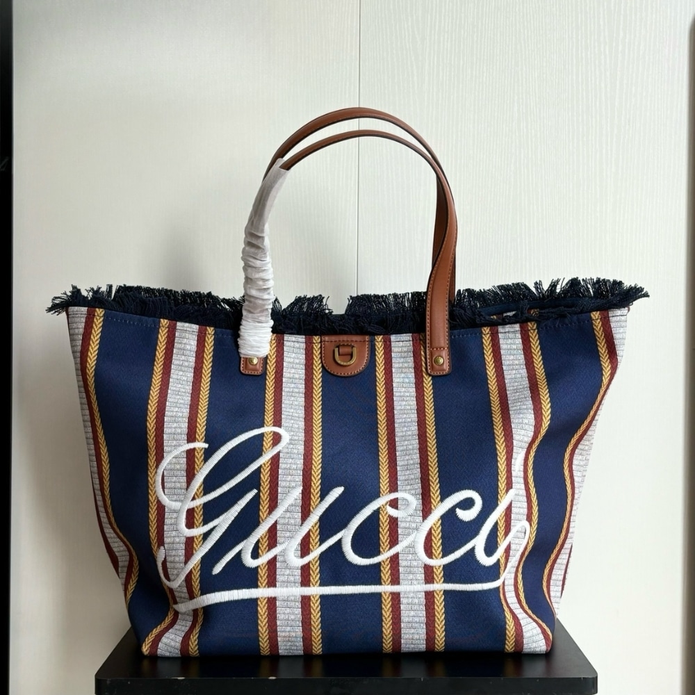Gucci Embroidered Large Canvas Tote Bag In Dark Blue And Multicolor 37cm 818779 Faef8 8796