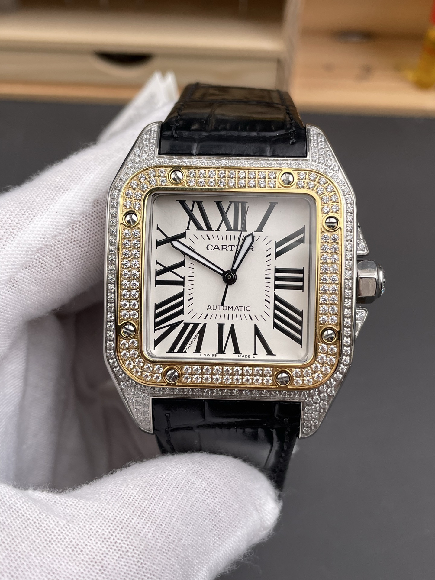 Santos Two-Tone Full Diamond White Dial