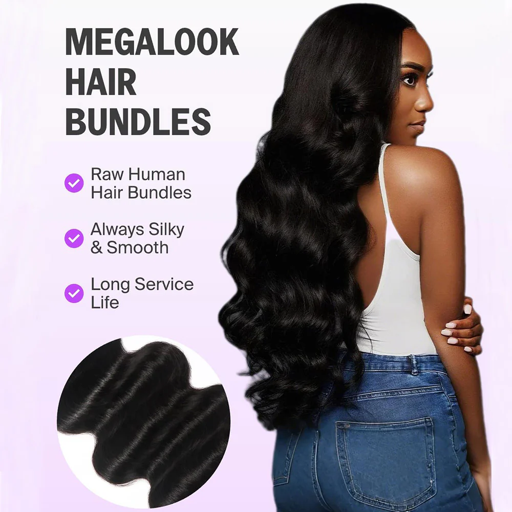 Megalook 3/4 Bundles Body Wave Hair 10A Brazilian Human Hair Bundles Natural Hair Extensions