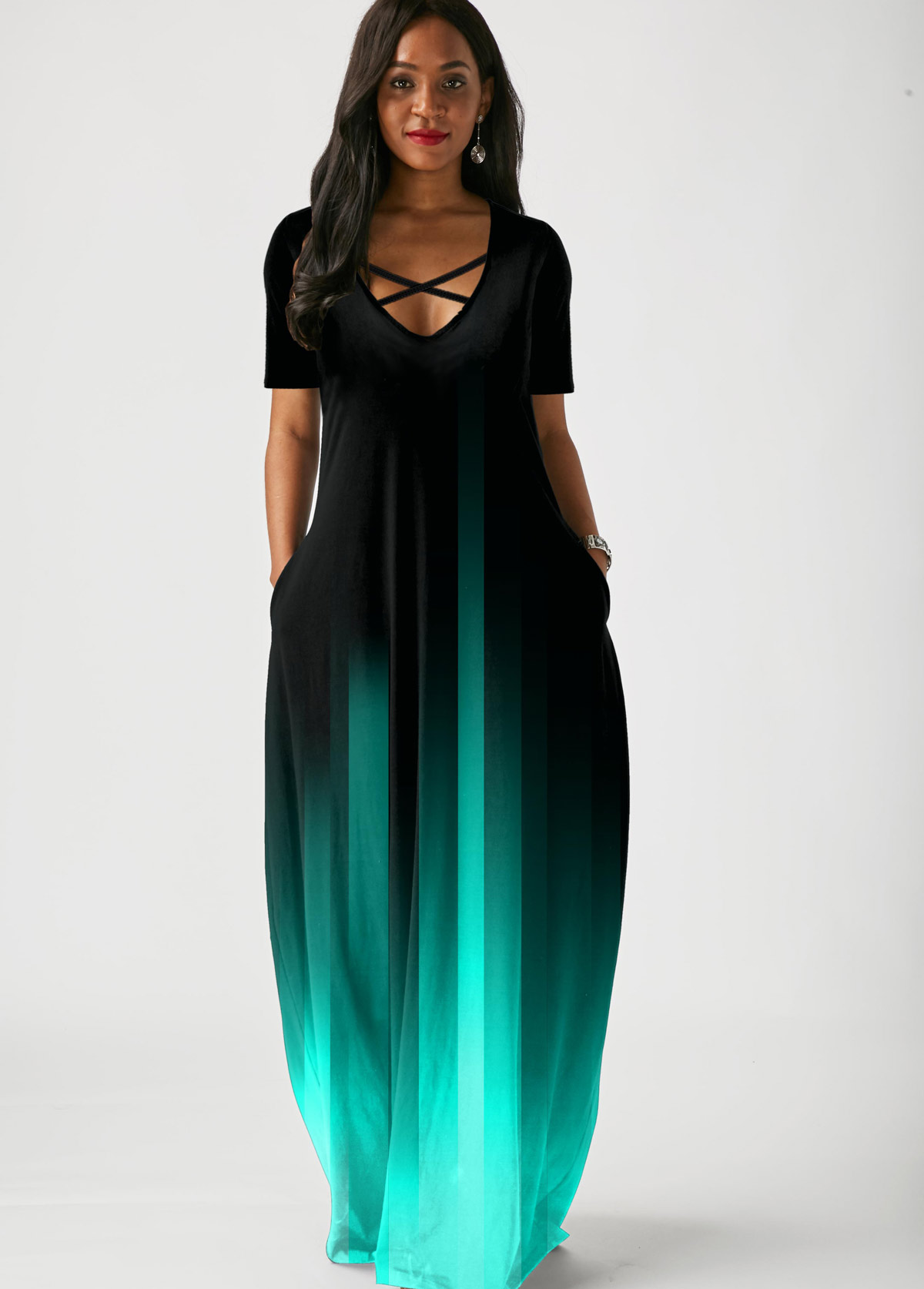 Side Pocket Short Sleeve Mint Green Gradient Maxi Dress