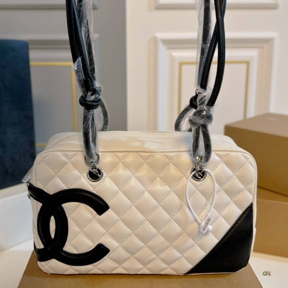 Chanel Cambon Bowler Bag Quilted Leather White And Black 26Cm