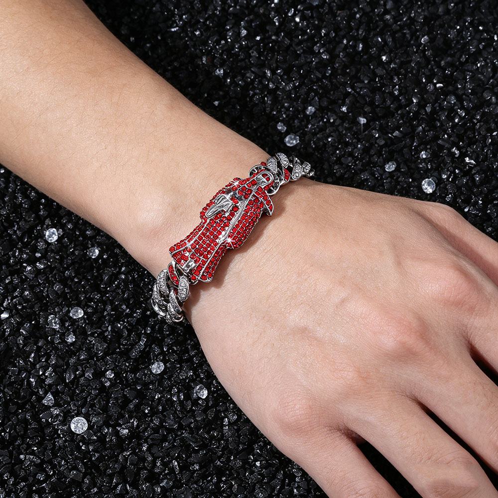 GemVibra Grim Reaper Cuban Link Bracelet with Rhinestone & Red Accents