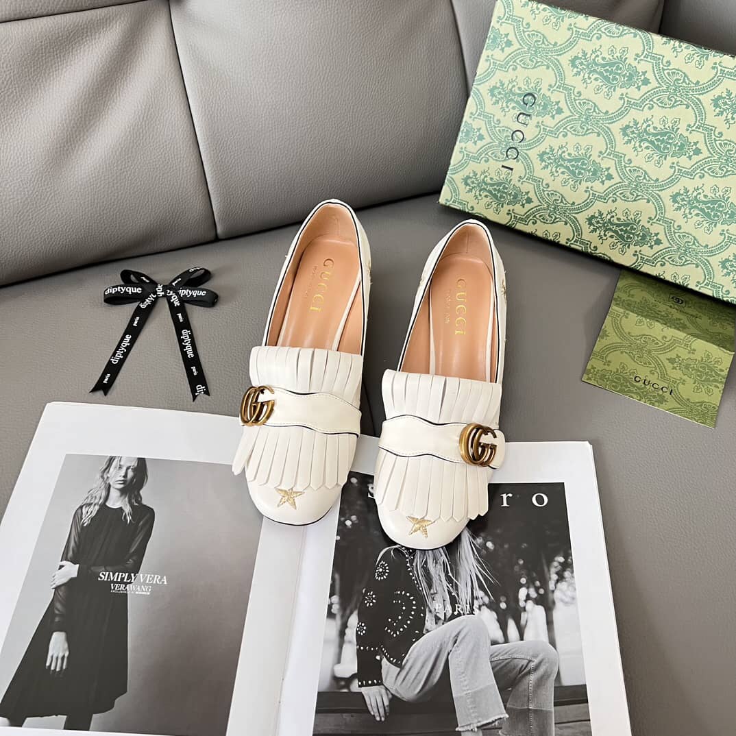 Gucci Marmont Embroidered Leather Mid Heel Pump Bee Star White 551548 D3v00 9022