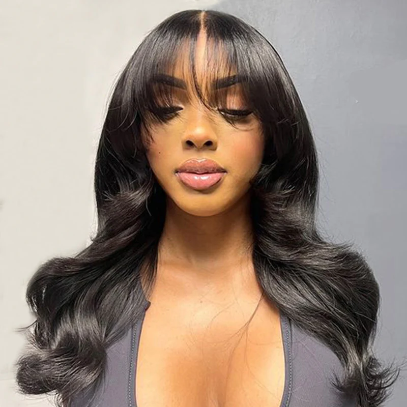 Megalook 13x6 Three-Go™ Glueless Body Wave Wig With Bangs With Drawstring Natural Black 100% Human Hair Wig