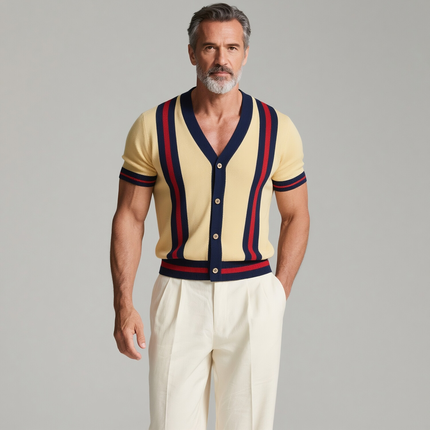 Men's Contrast Stripes V Neck Single Breasted Short Sleeve Shirt