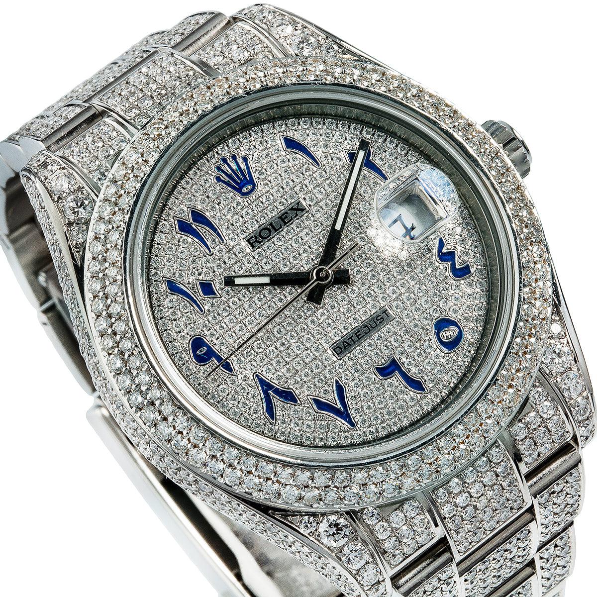 Rollie-The Crown Datejust II Diamond Watch, 116300 41mm, Diamond Dial With Blue Arabic Numerals 13CT Diamonds