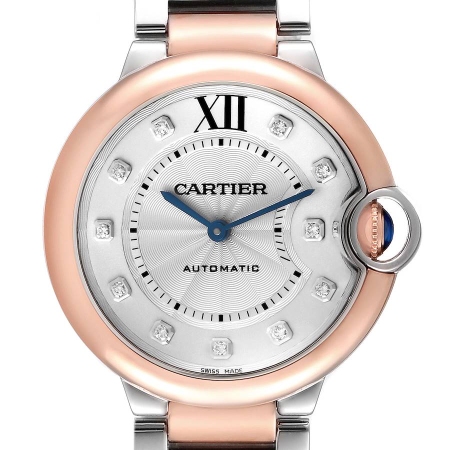 Cartier Ballon Bleu 36mm Steel Rose Gold Diamond Mens Watch W3BB0013