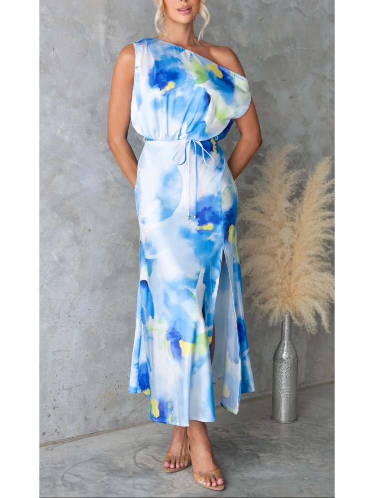 Inclined Shoulder Colorblock Split Hem Maxi Dress