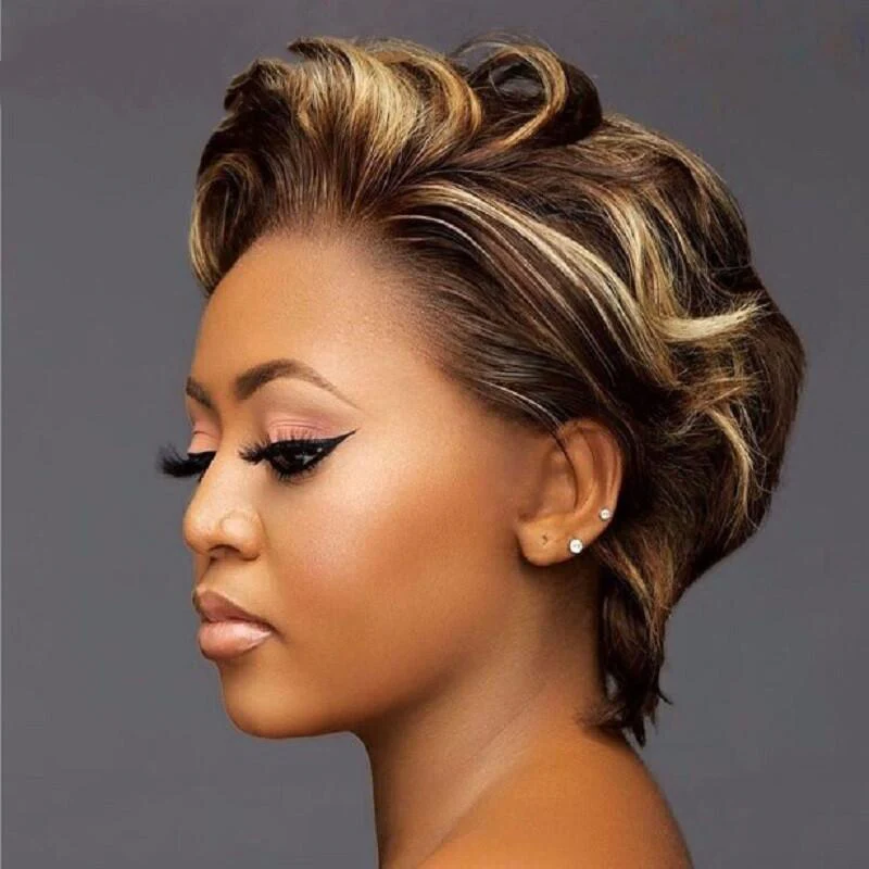 Megalook Bogo Free Highlight Piano Color Pixie Cut Human Hair Wig T Part Wig Lace Frontal Wigs