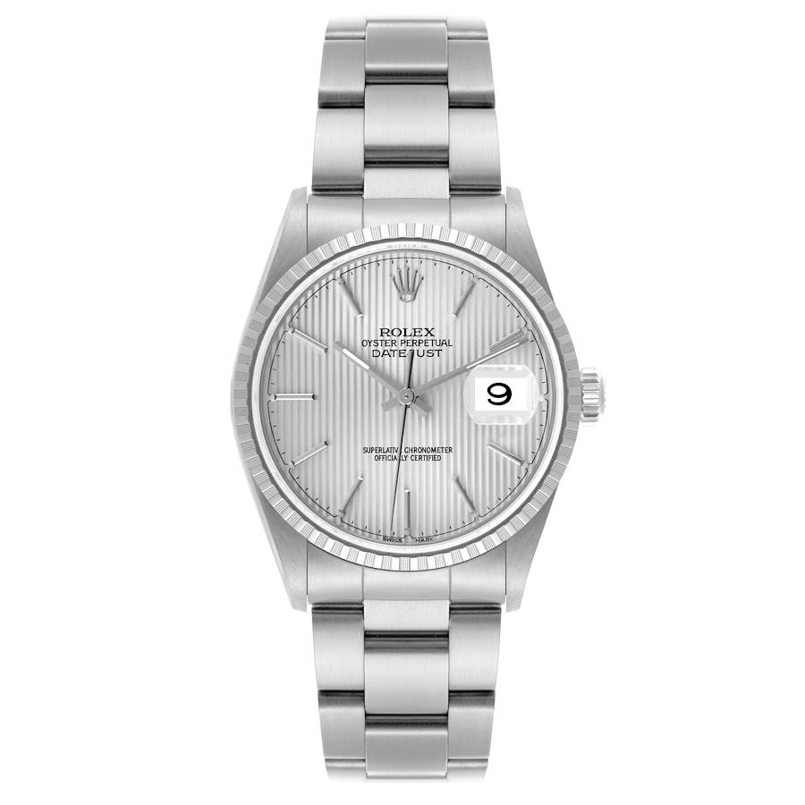 Rolex Datejust Silver Tapestry Dial Engine Turned Bezel Steel Mens Watch 16220