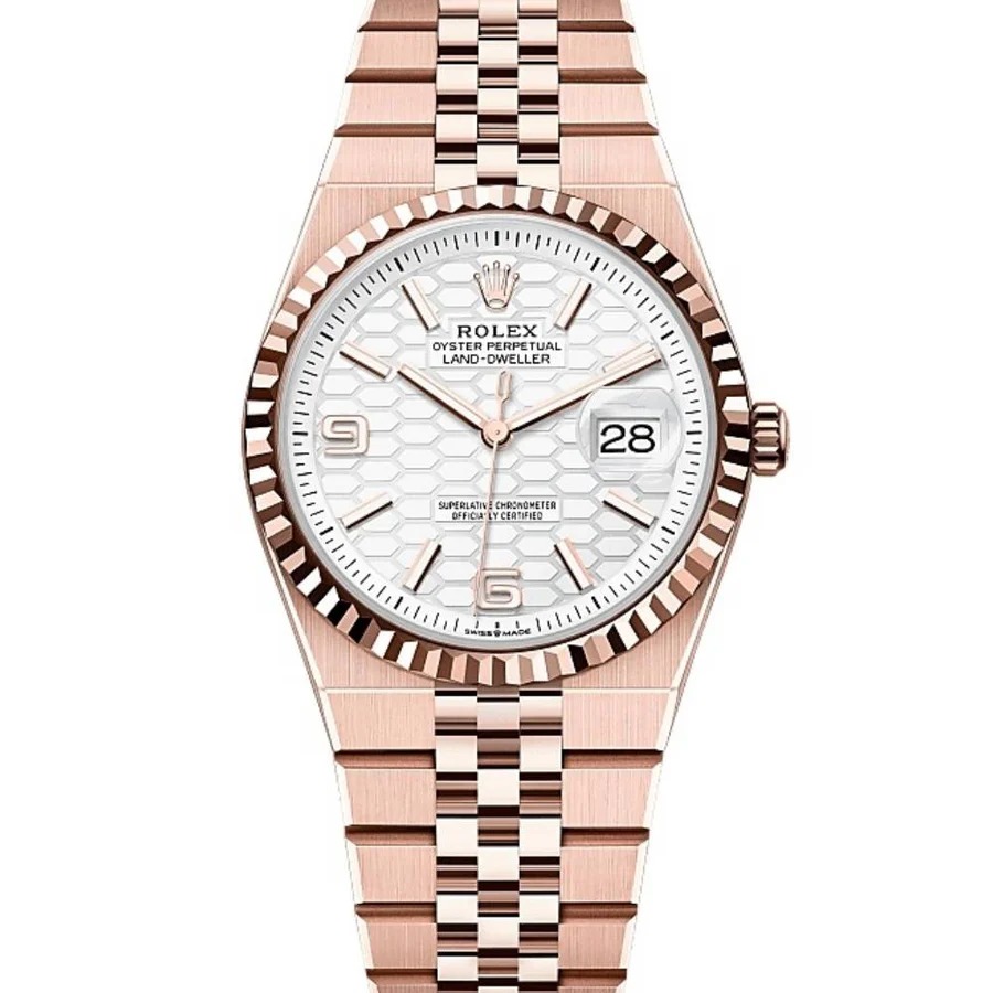 2025 Model Rollie-The Crown Land-Dweller 36mm -127235-0001 - White Dial, 18k Everose Gold Flat Jubilee Bracelet Watch