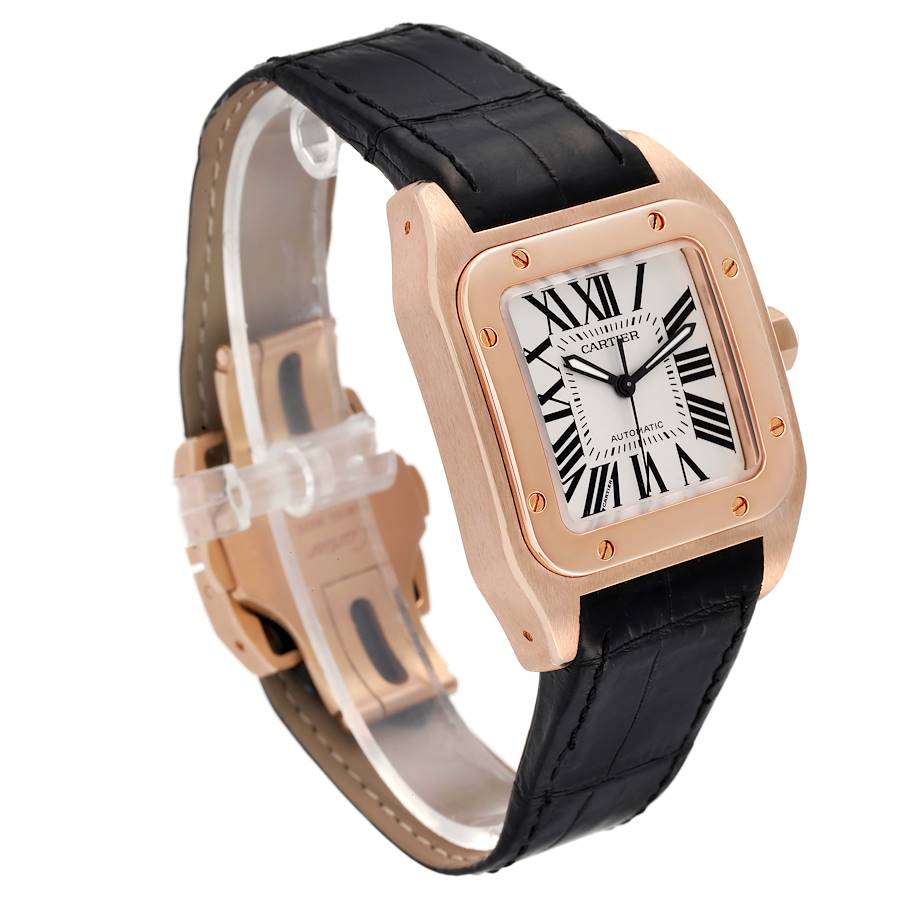 Cartier Santos 100 Midsize Rose Gold Silver Dial Mens Watch W20108Y1