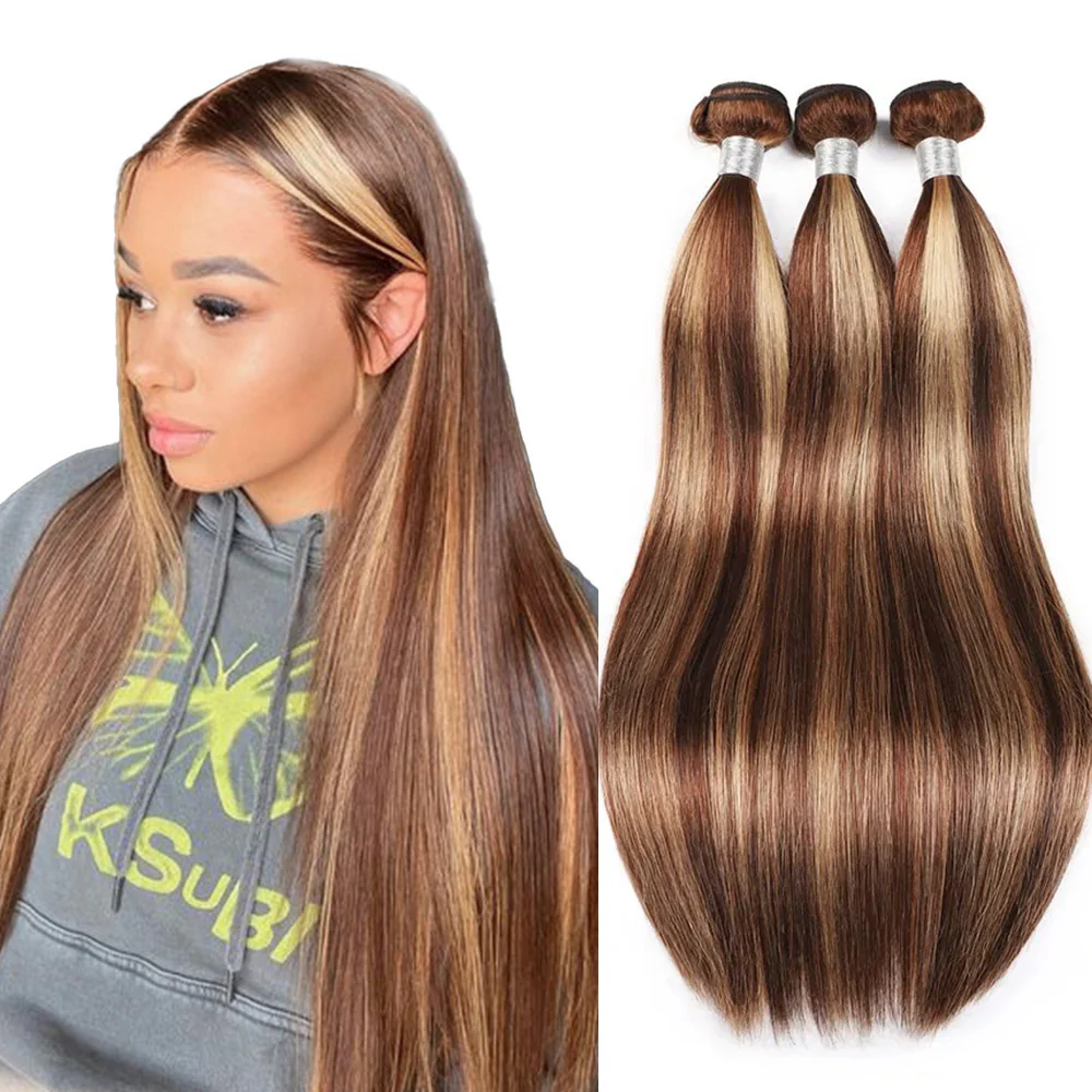 Brown With Honey Blonde Highlights 3 Bundles Brazilian Straight & Body Wave Human Hair Extensions