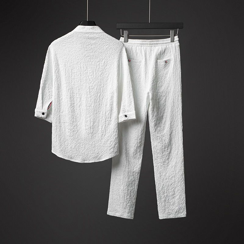 Men's Casual Solid Half Sleeve Blouse & Pockets Drawstring Pants 2Pcs Set