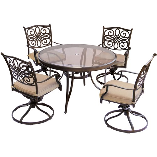Traditions 5-Piece Aluminum Outdoor Dining Set with Swivel Chairs with Red Cushions and Glass-Top Table