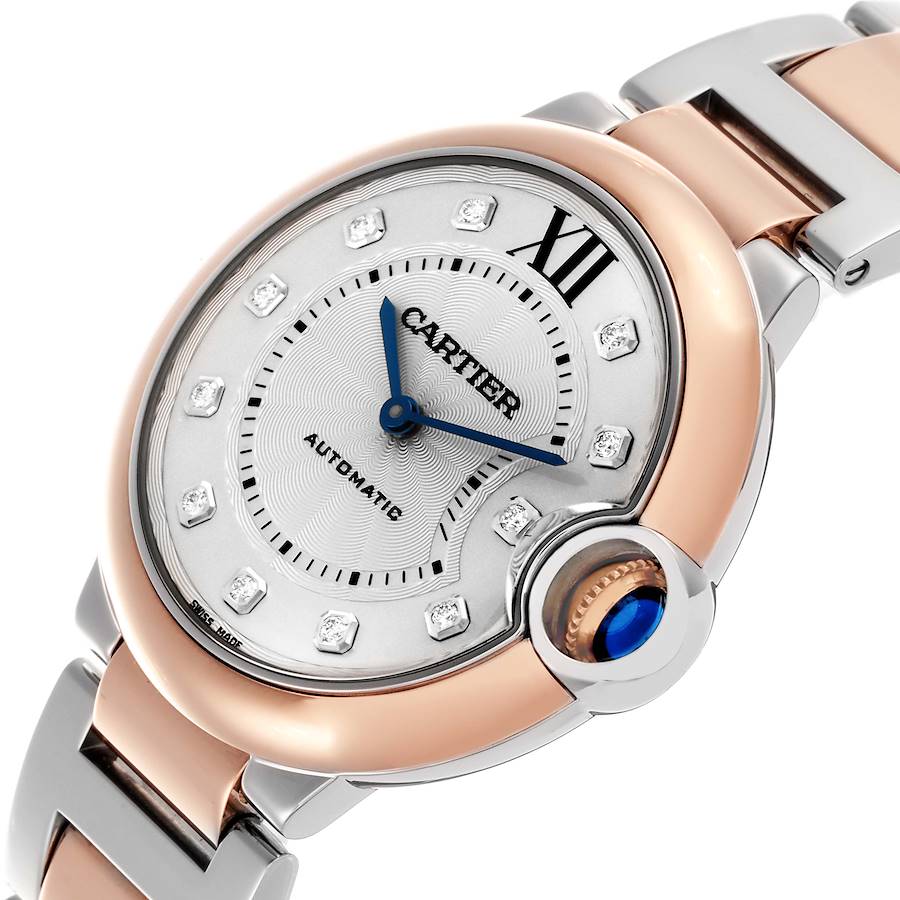Cartier Ballon Bleu 36mm Steel Rose Gold Diamond Mens Watch W3BB0013