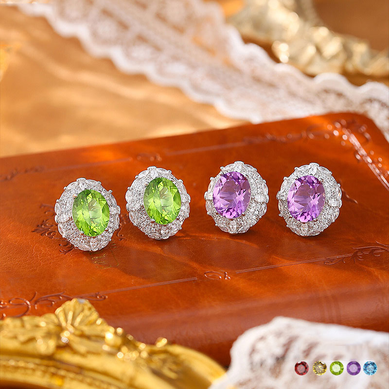 GemVibra Oval Halo Stud Earrings, S925 Silver with Multi-Gemstone & Rhinestone Accents