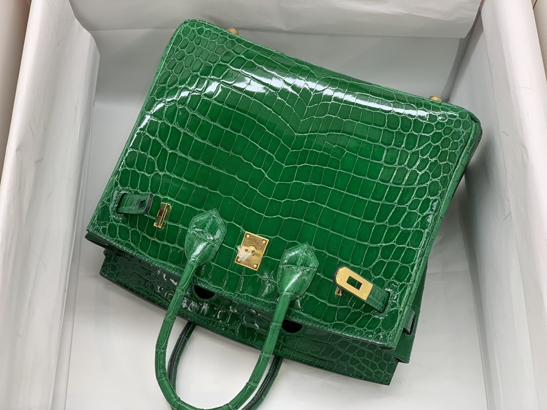 Hermes Birkin 30 Crocodile Gold-Toned Hardware Dark Green
