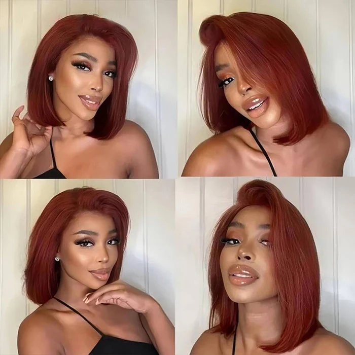 Megalook 13x4 Lace Frontal Reddish Brown Straight Bob Invisible Knots Breathable Cap