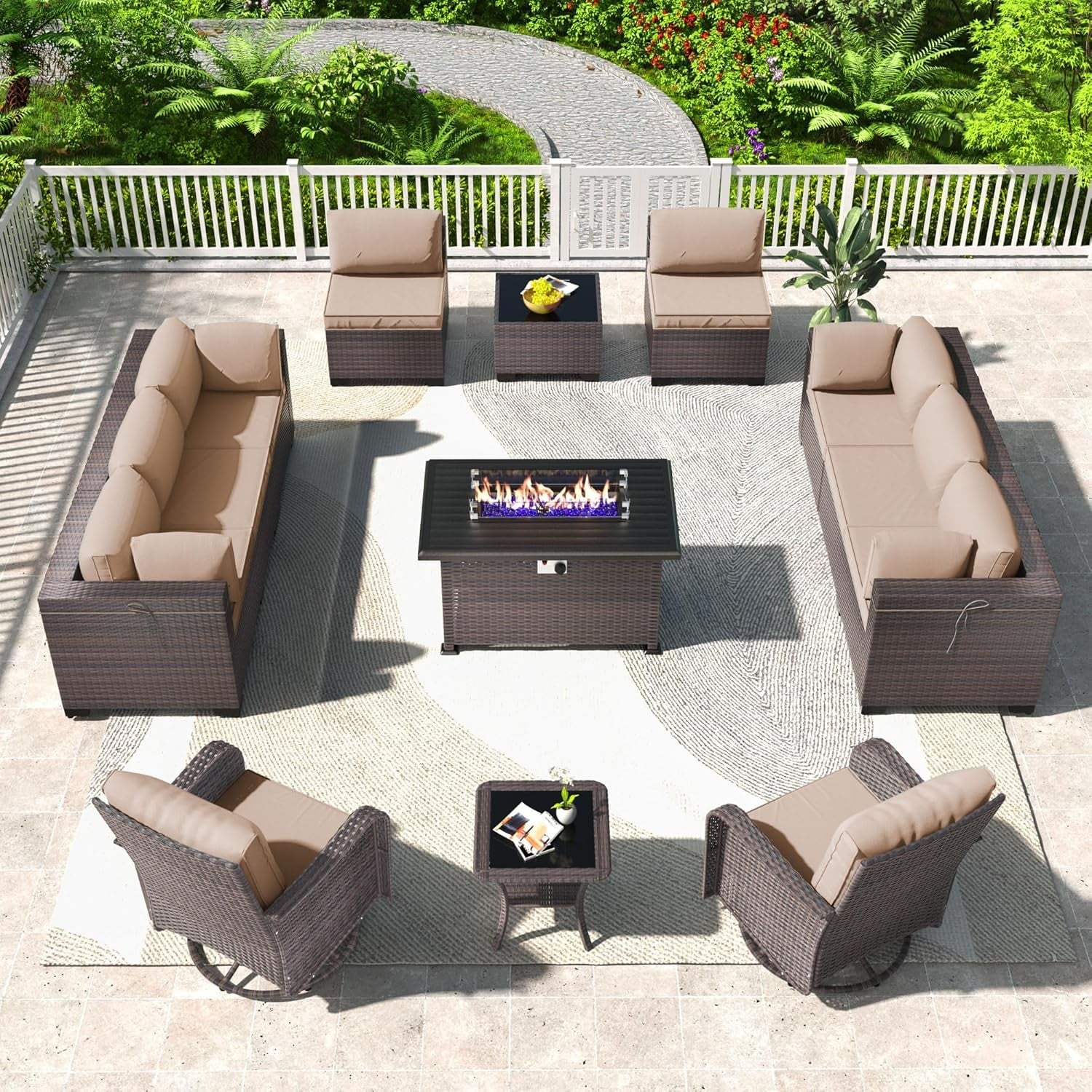 Patio Furniture Sectional Sofa Set, PE Rattan Swivel Rocking Chairs Patio Conversation Set