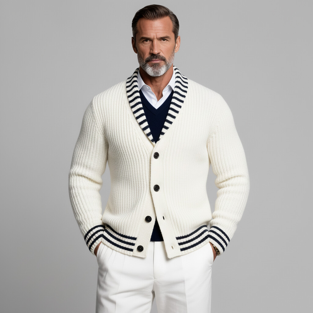 Men's Off White Striped Shawl Collar Long Sleeve Button Ribbed Knit Sweater Cardigan