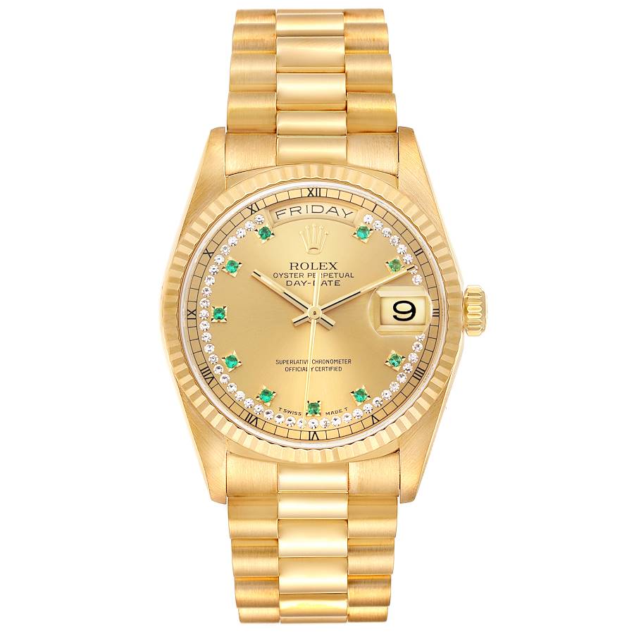 Rolex President Day-Date Yellow Gold String Diamond Emerald Mens Watch 18238