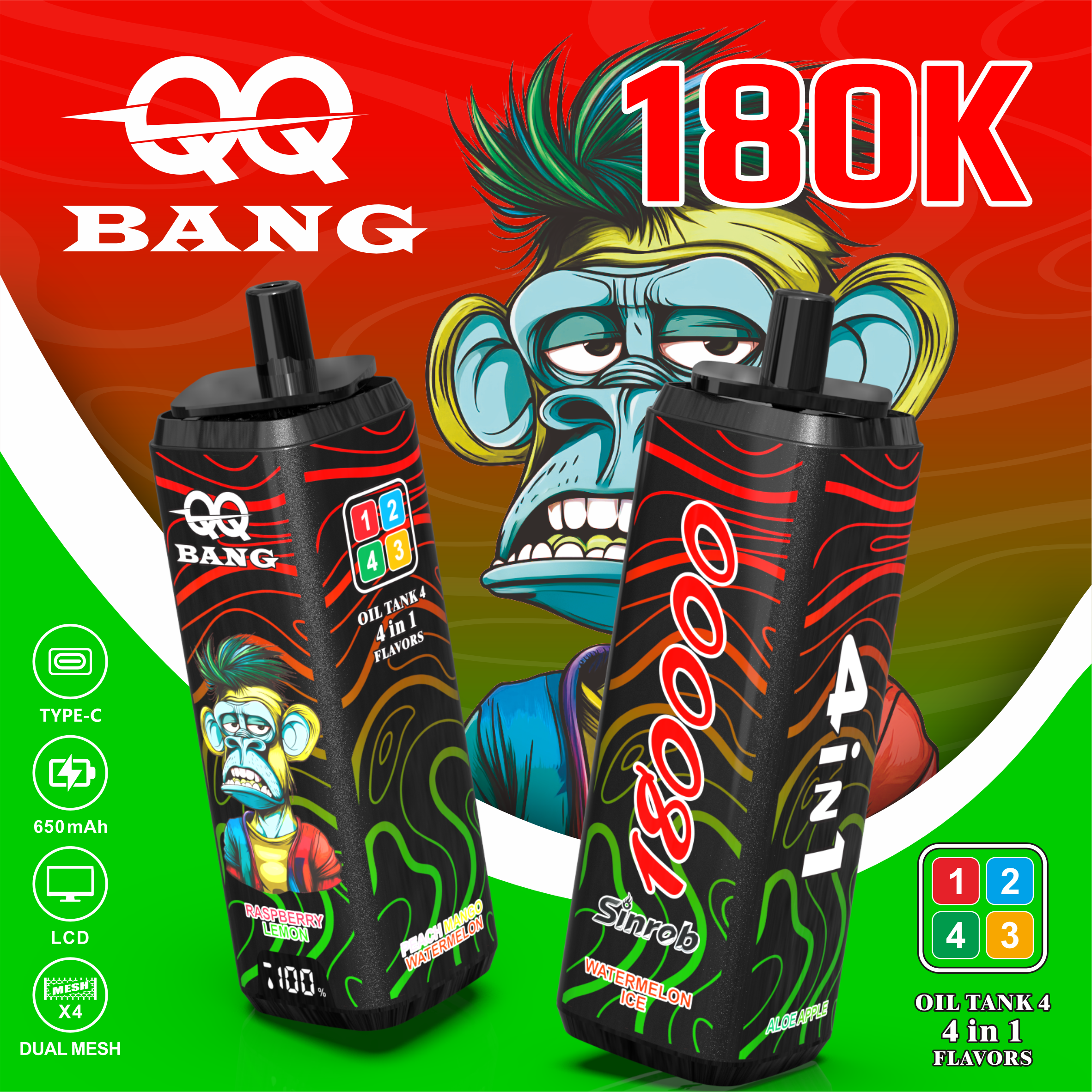 E-papieros Jednorazowy QQ BANG 180K (4 w 1) | Ekran LCD | Dostawa 48h|Darmowa wysyłka