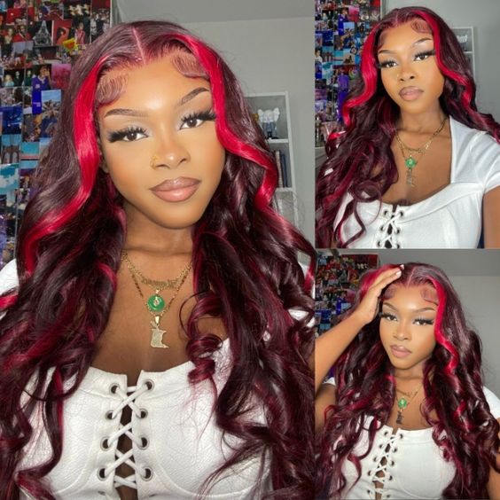 $100 - $50 | 13x4 Lace Front New Dark Burgundy With Rose Red Highlights Body Wave Wig