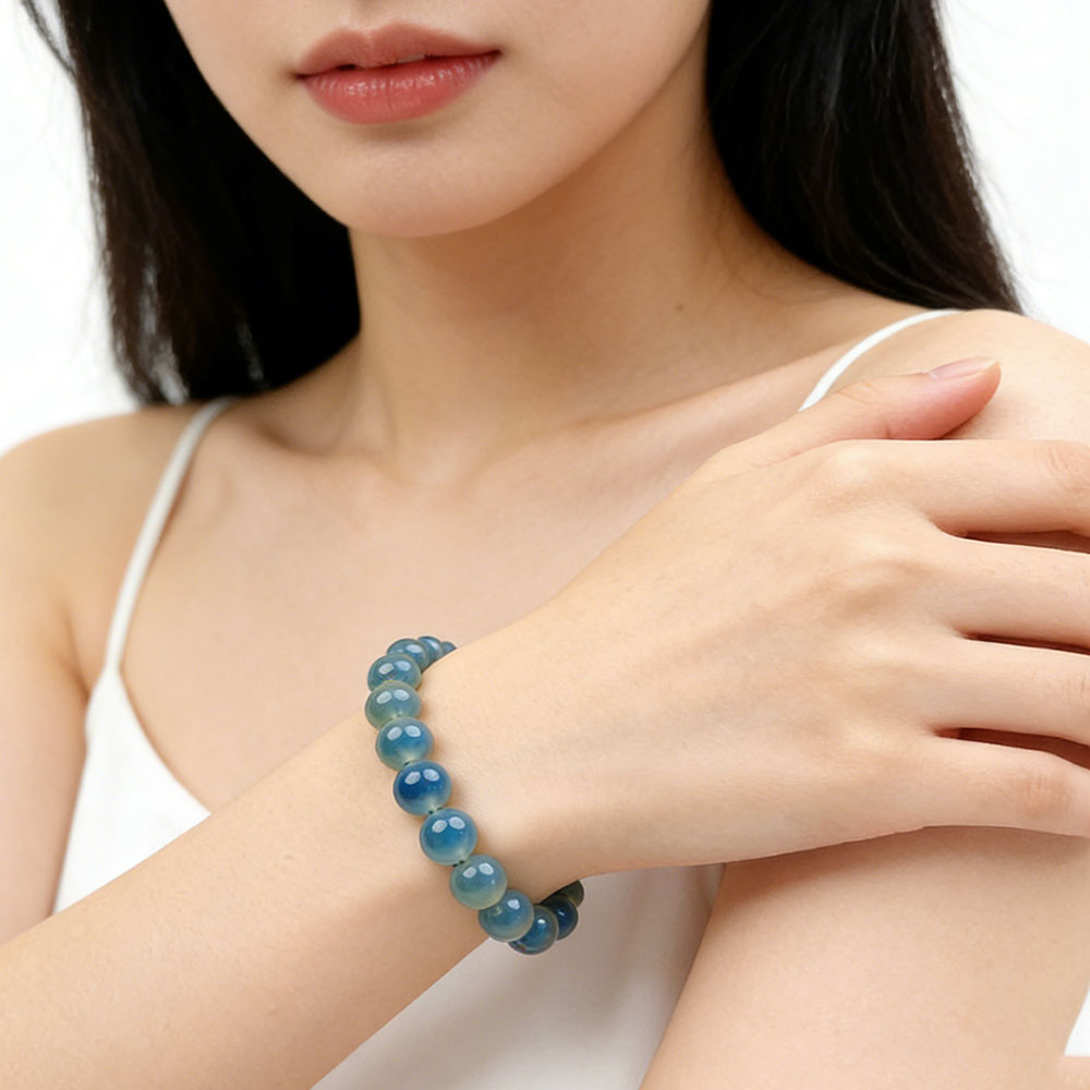 Natural Blue Agate Beaded Bracelet, Calm & Protection Healing Crystal, Balance Energy Spiritual Jewelry
