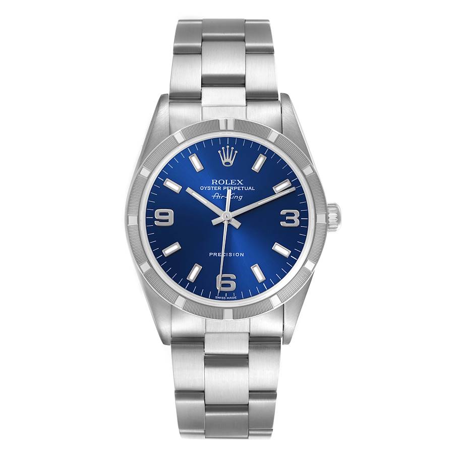 Rolex Air King Engine Turned Bezel Blue Dial Steel Mens Watch 14010