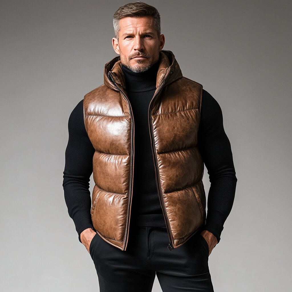 Men's Retro PU Leather Cotton-Padded Zipper Hooded Vest