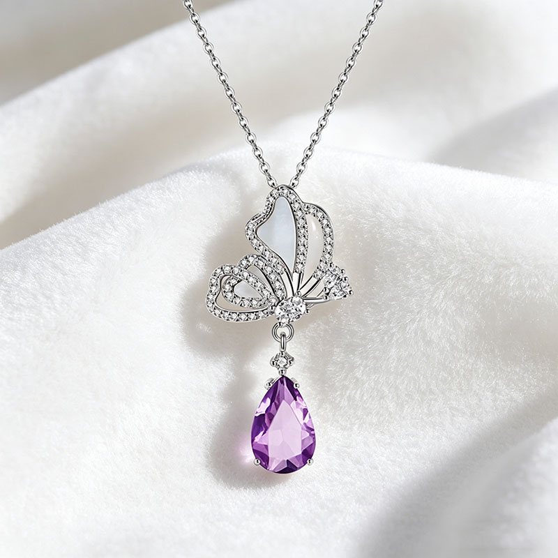 GemVibra Butterfly Pendant Necklace in 925 Silver with Gemstone Drop