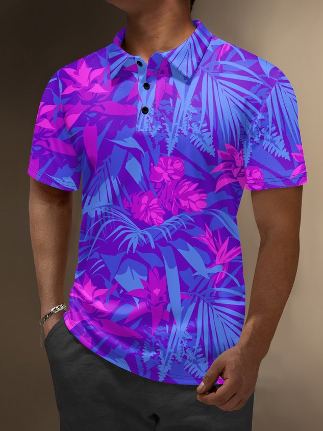 Moisture Wicking Hawaiian Flowers Leaves Golf Polo